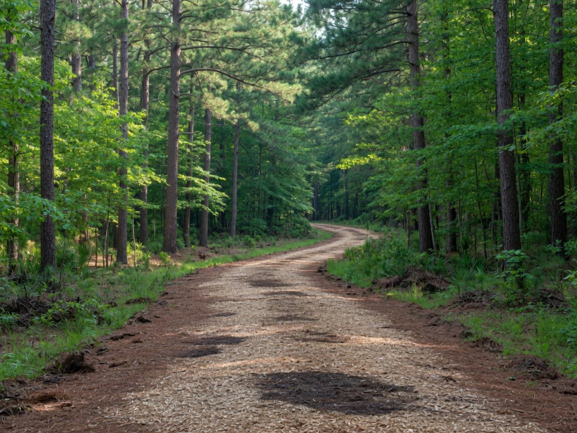 Finished mulched trail from forestry mulching through pines